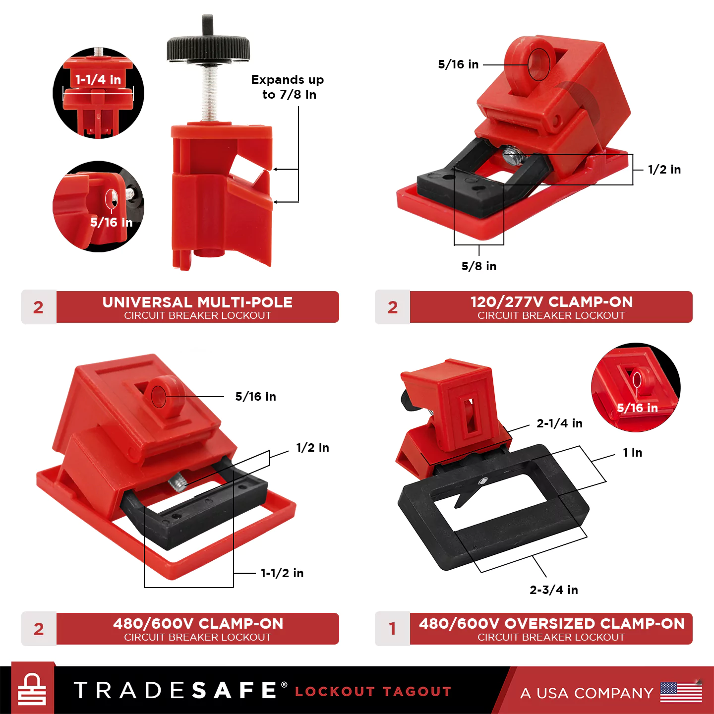 2 universal multi-pole, 2 120/277v clamp-on, 2 480/600v clamp-on, and 1 480/600v oversized clamp-on circuit breaker lock