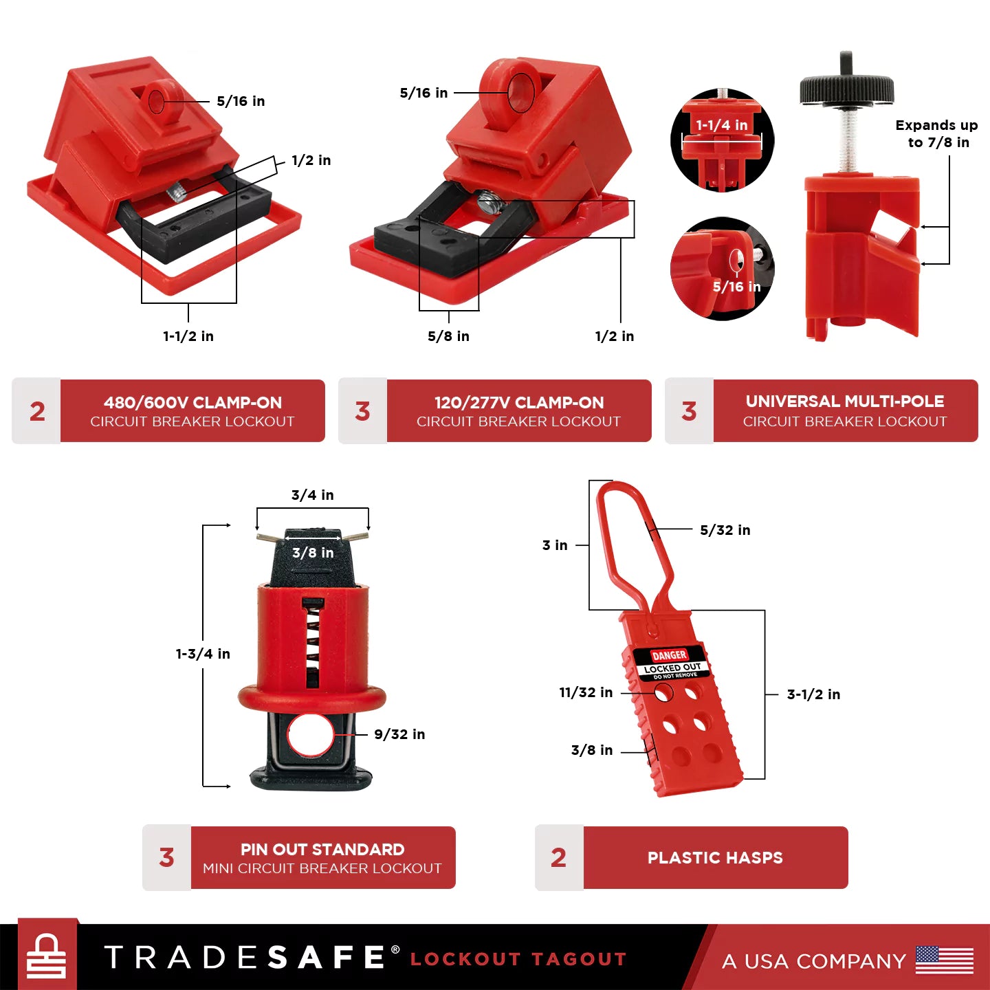 quantity and dimensions of clamp-on circuit breaker locks, universal multi-pole, mini circuit breaker lock, and plastic hasp