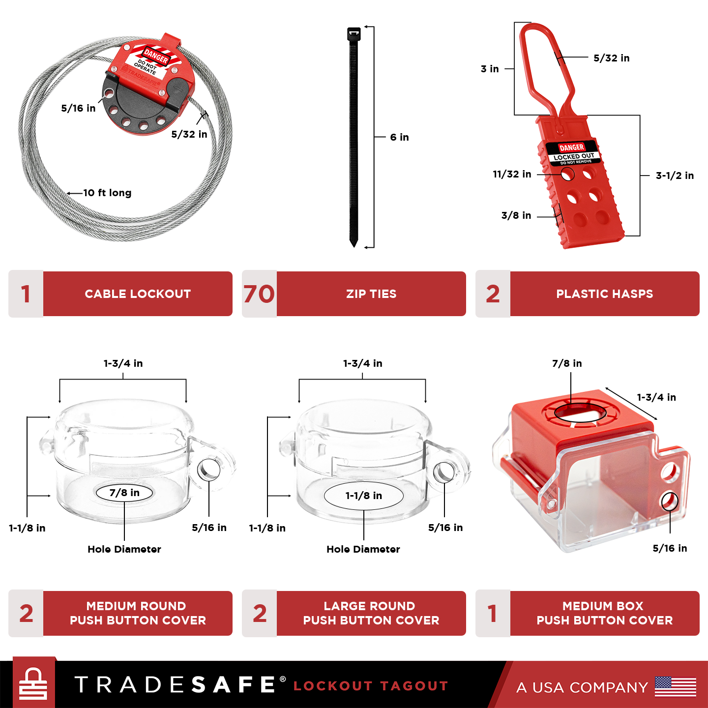 dimensions and quantities of push button cover, cable lock, and valve lockouts