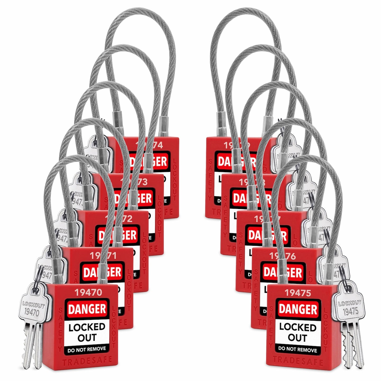 Red Keyed Different Cable Lockout Locks - 2 Keys, 10 Pack | TRADESAFE