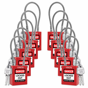 10-pack red cable shackle loto keyed different padlocks
