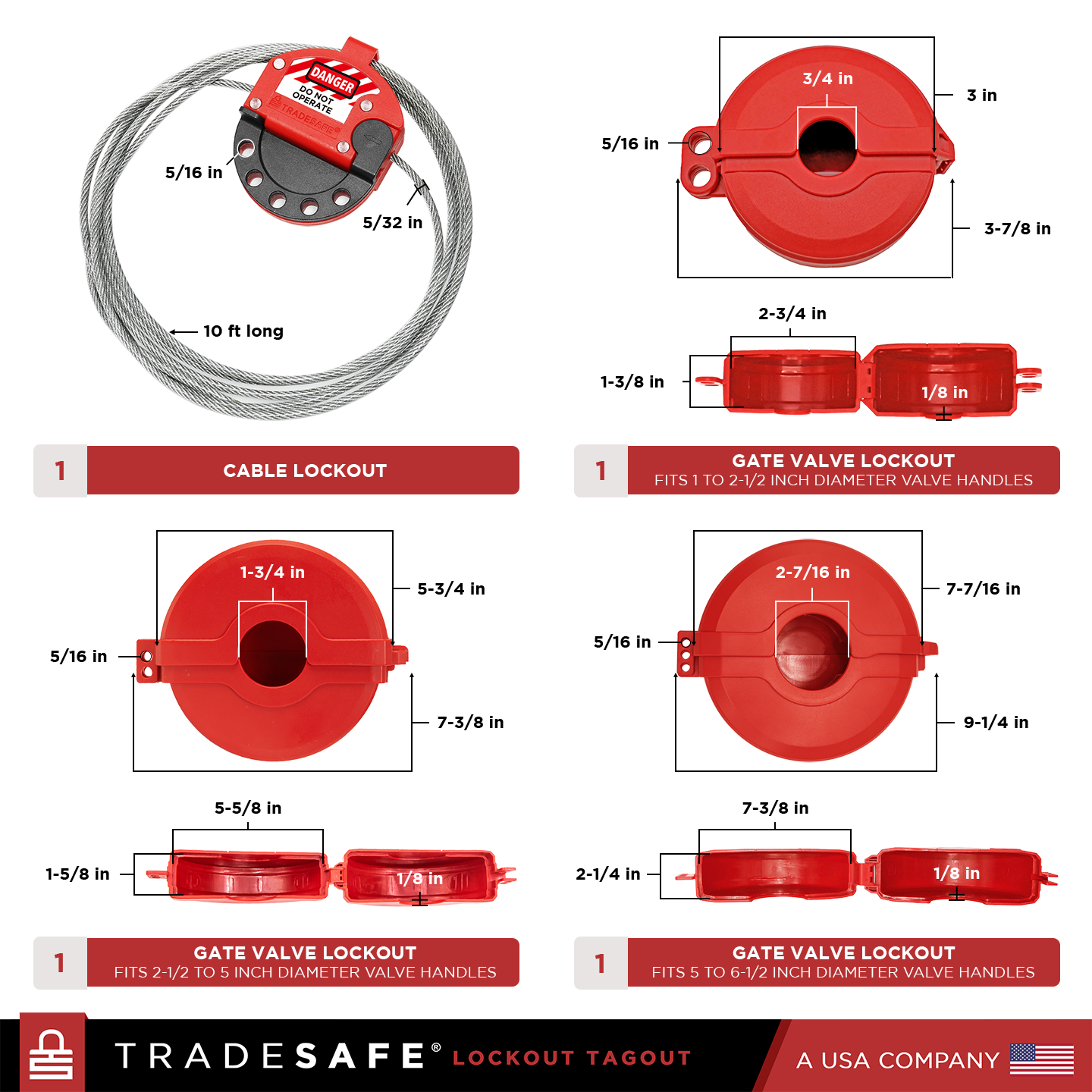 dimensions and quantities of cable lockout and gate valve loockouts