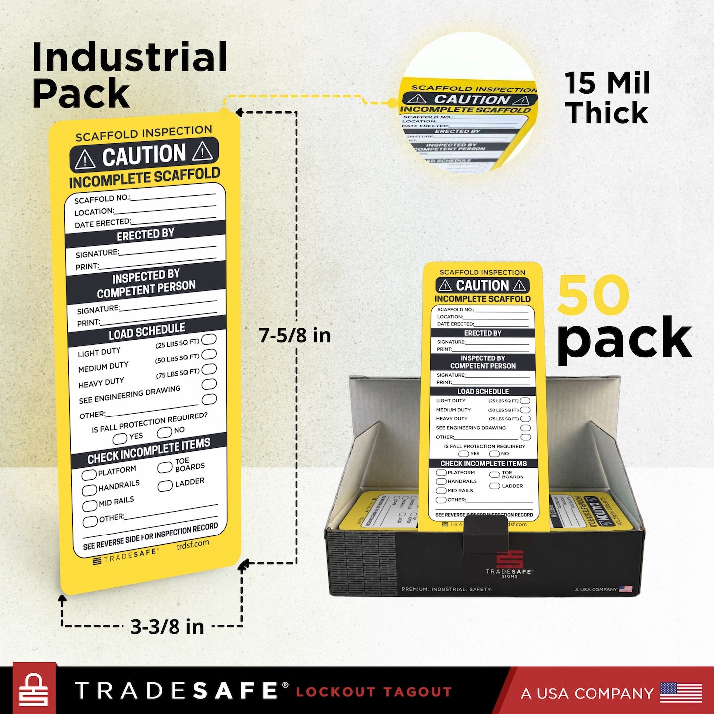 Industrial pack of Tradesafe Lockout Tagout 'Caution Incomplete Scaffold' scaffold inspection tags, showing the 15 mil thick single tag size, dimensions, a 50-pack display box, and a close-up of the seal area.