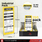 Industrial pack of Tradesafe Lockout Tagout 'Caution Incomplete Scaffold' scaffold inspection tags, showing the 15 mil thick single tag size, dimensions, a 50-pack display box, and a close-up of the seal area.