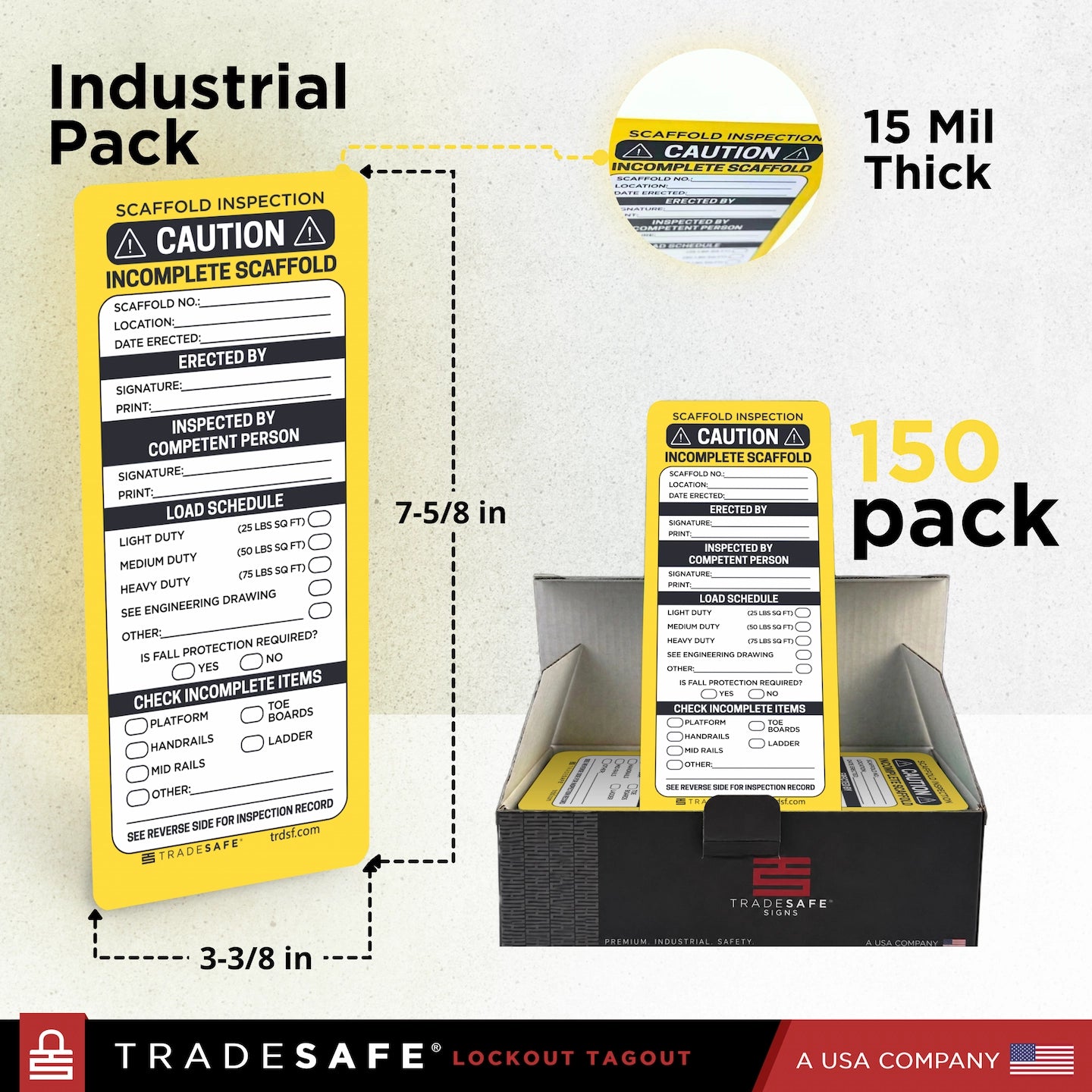 Industrial pack of Tradesafe Lockout Tagout 'Caution Incomplete Scaffold' scaffold inspection tags, showing the 15 mil thick single tag size, dimensions, a 50-pack display box, and a close-up of the seal area.