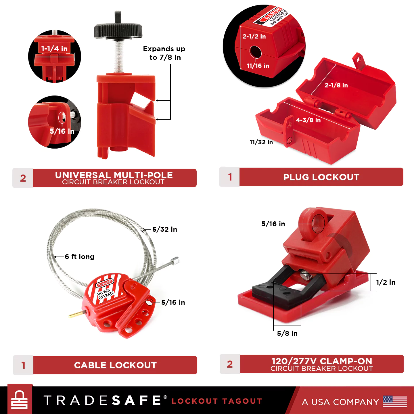 2 universal multipole, 1 plug lockout, 1 cable lockout, and 2 120/277v clamp on showing the products dimensions