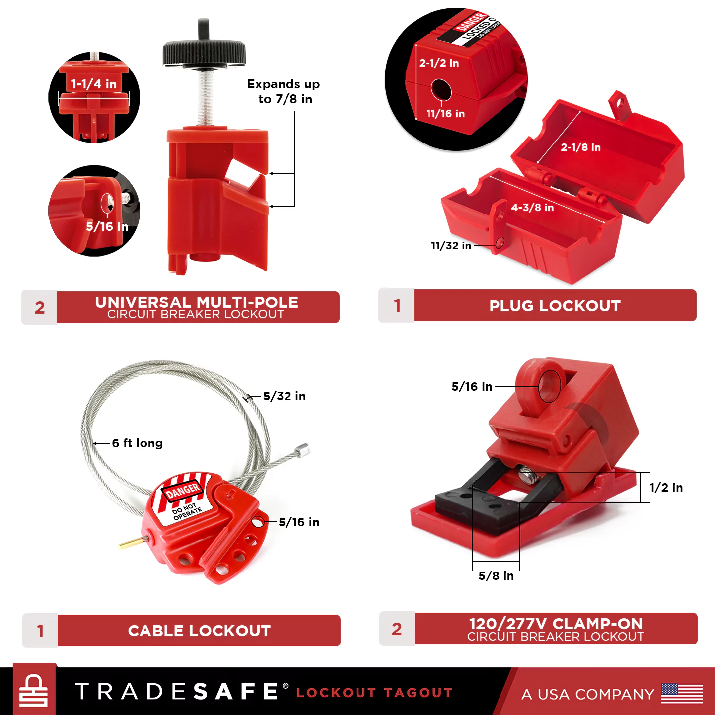 quantity and dimensions of circuit breaker locks, plug lock, and cable lockout