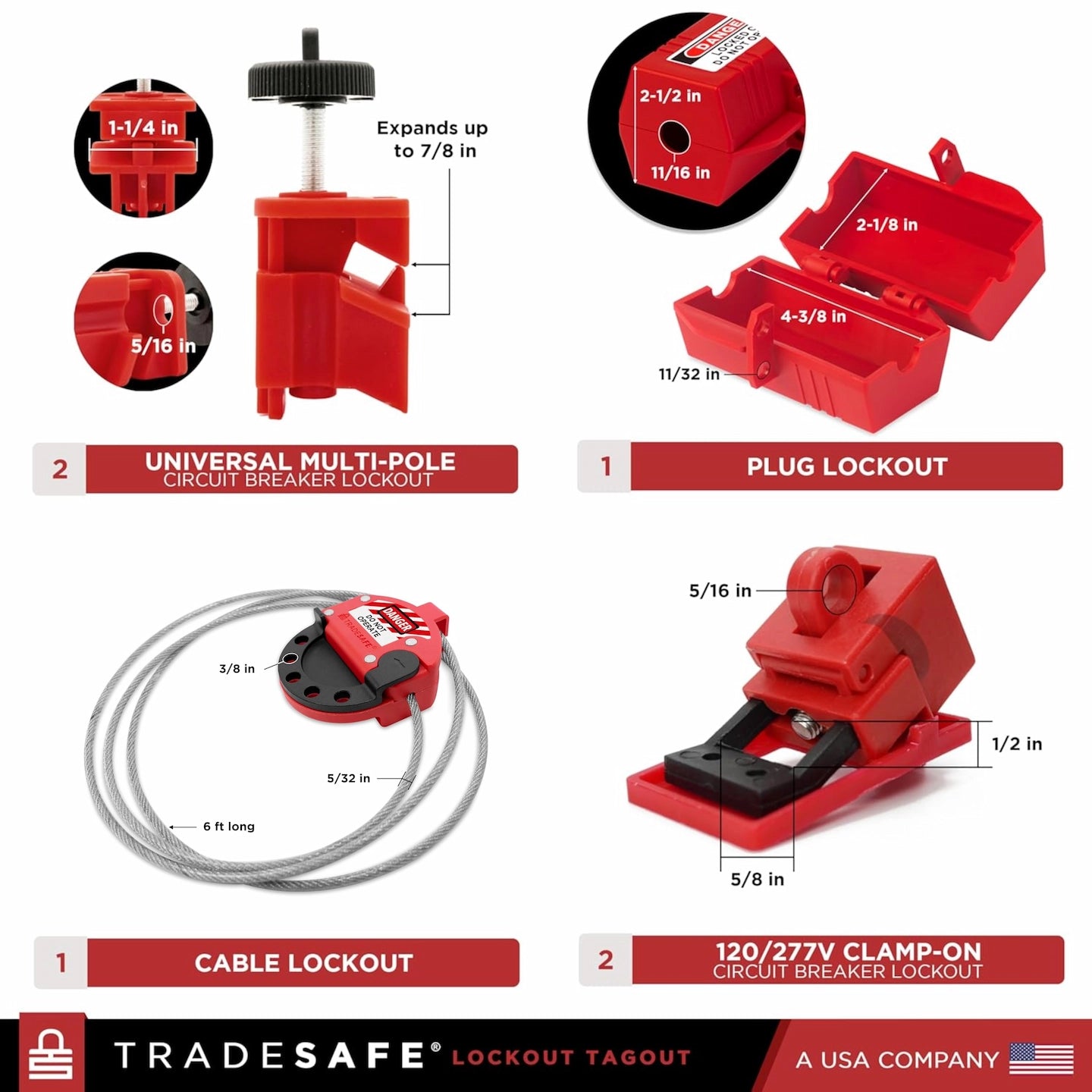 quantity and dimensions of circuit breaker locks, plug lock, and cable lockout
