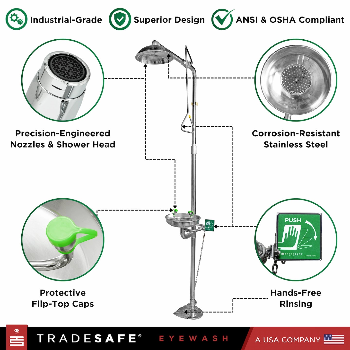 features of combination shower and eyewash station