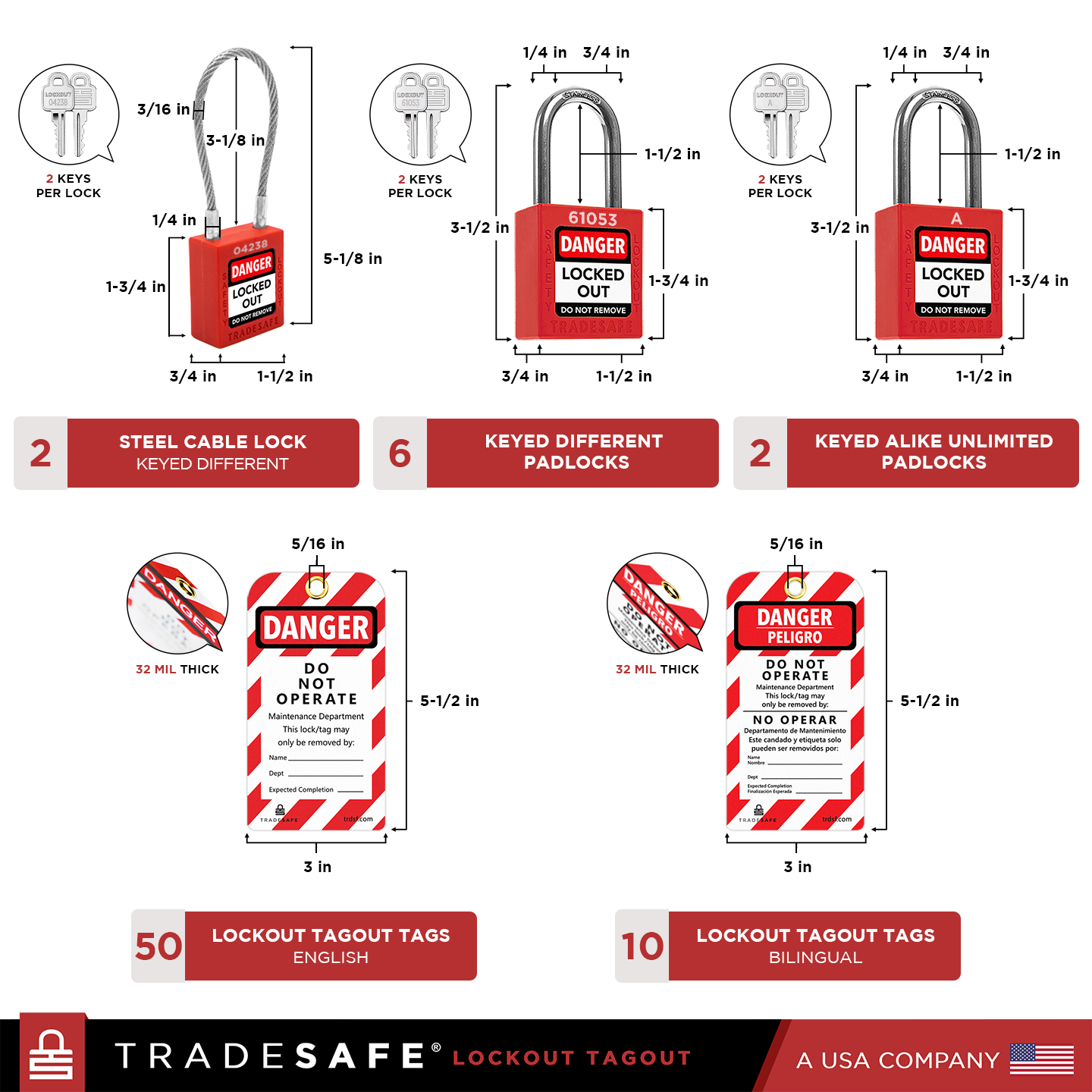 dimensions and quantities of hasps, ties, tags, and locks