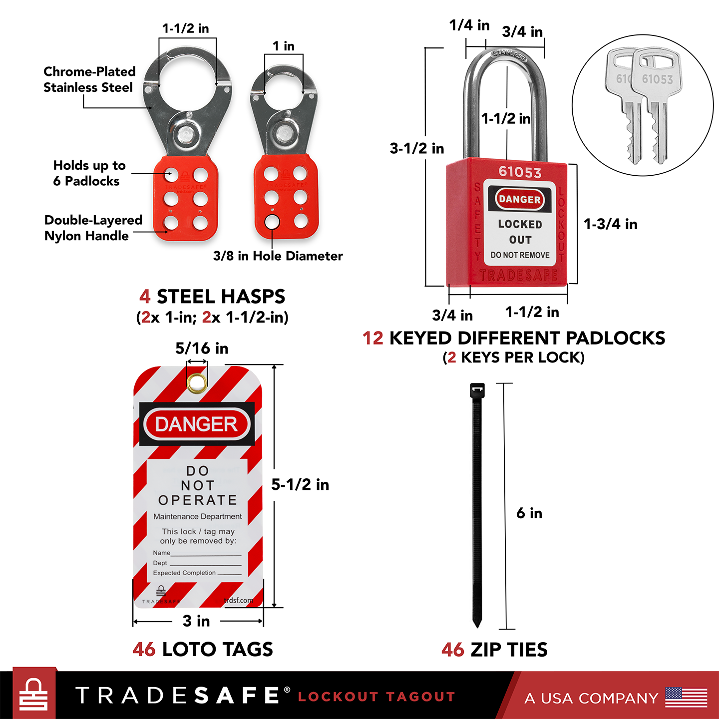 steel loto station cabinet components: steel hasps, padlocks, loto tags, zip ties