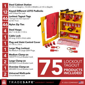 infographic of a lockout station cabinet with loto devices indicating components and quantities of each