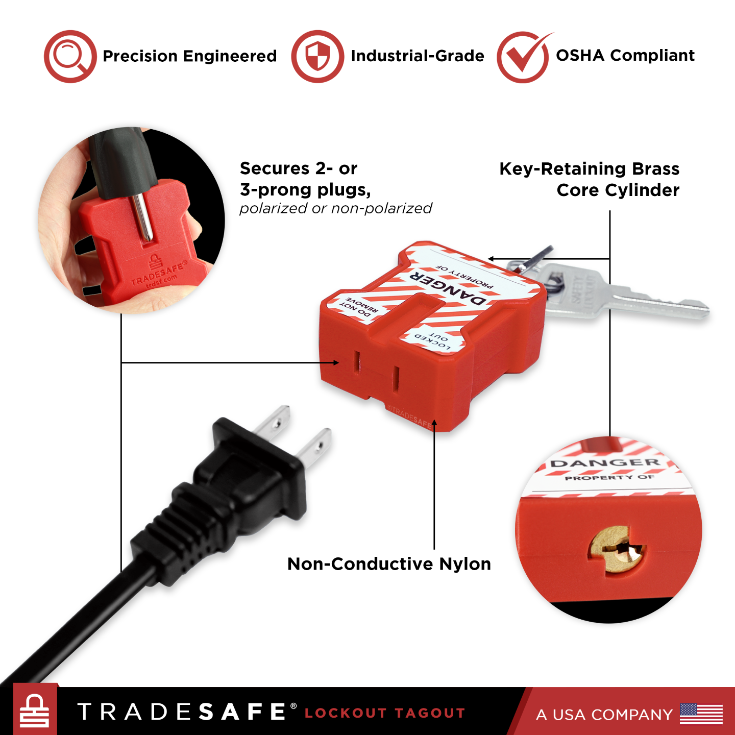 infographic: secures 2- or 3-prong plugs, polarized or non-polarized. Key-retaining brass core, non-conductive nylon
