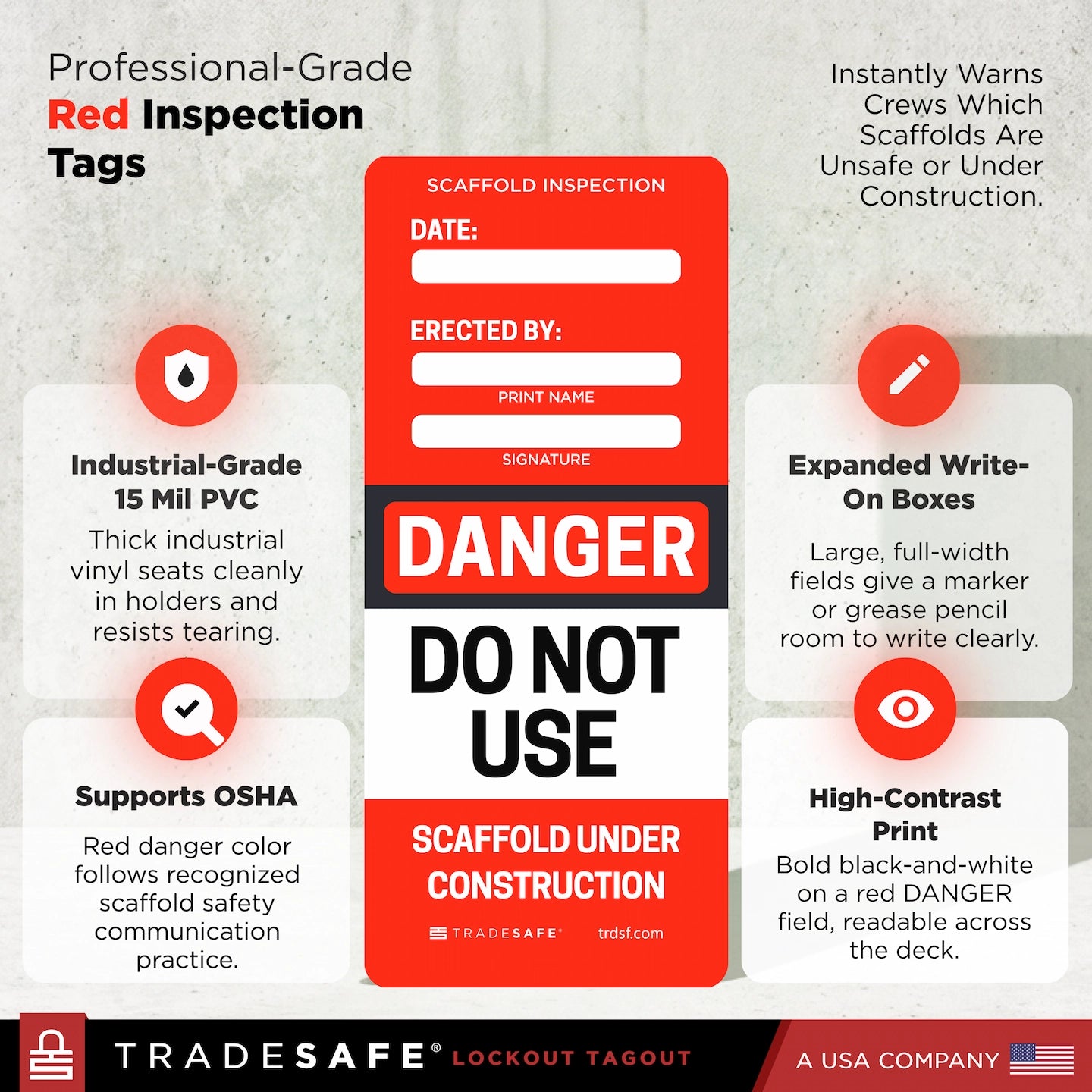 infographic for Tradesafe Red scaffold Inspection Tags with feature callouts