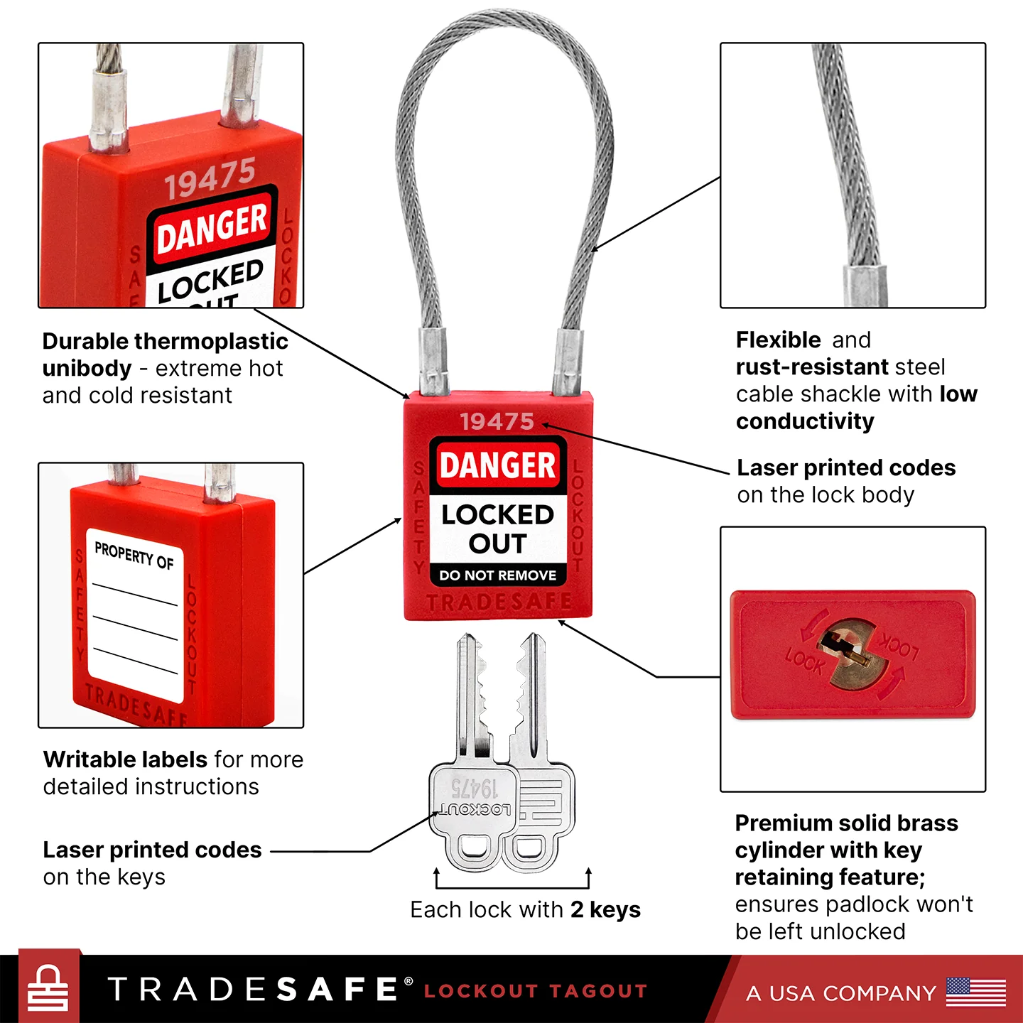 Lockout Tagout Cable TRADESAFE Lock - OSHA Compliant Safety Lock Out Device