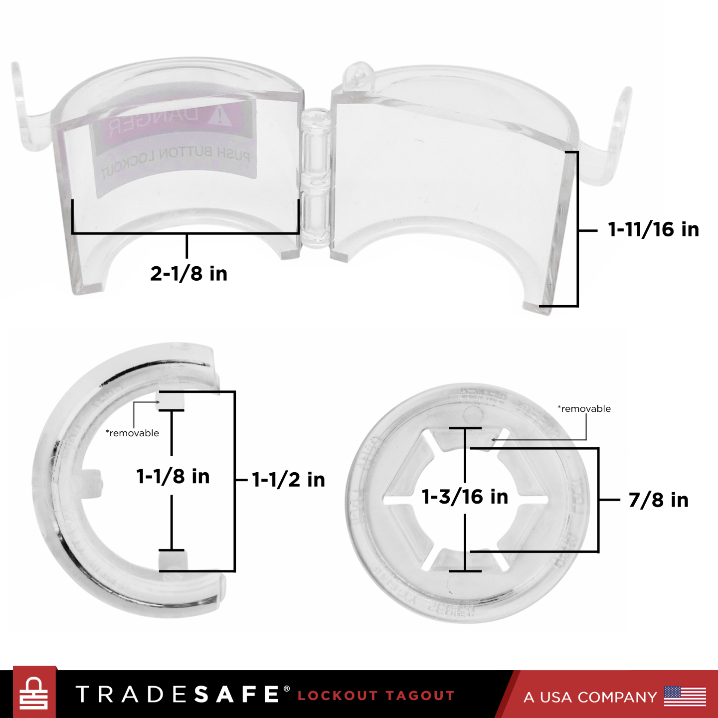 high-angle view of an opened 3-piece round push button lockout with dimensions