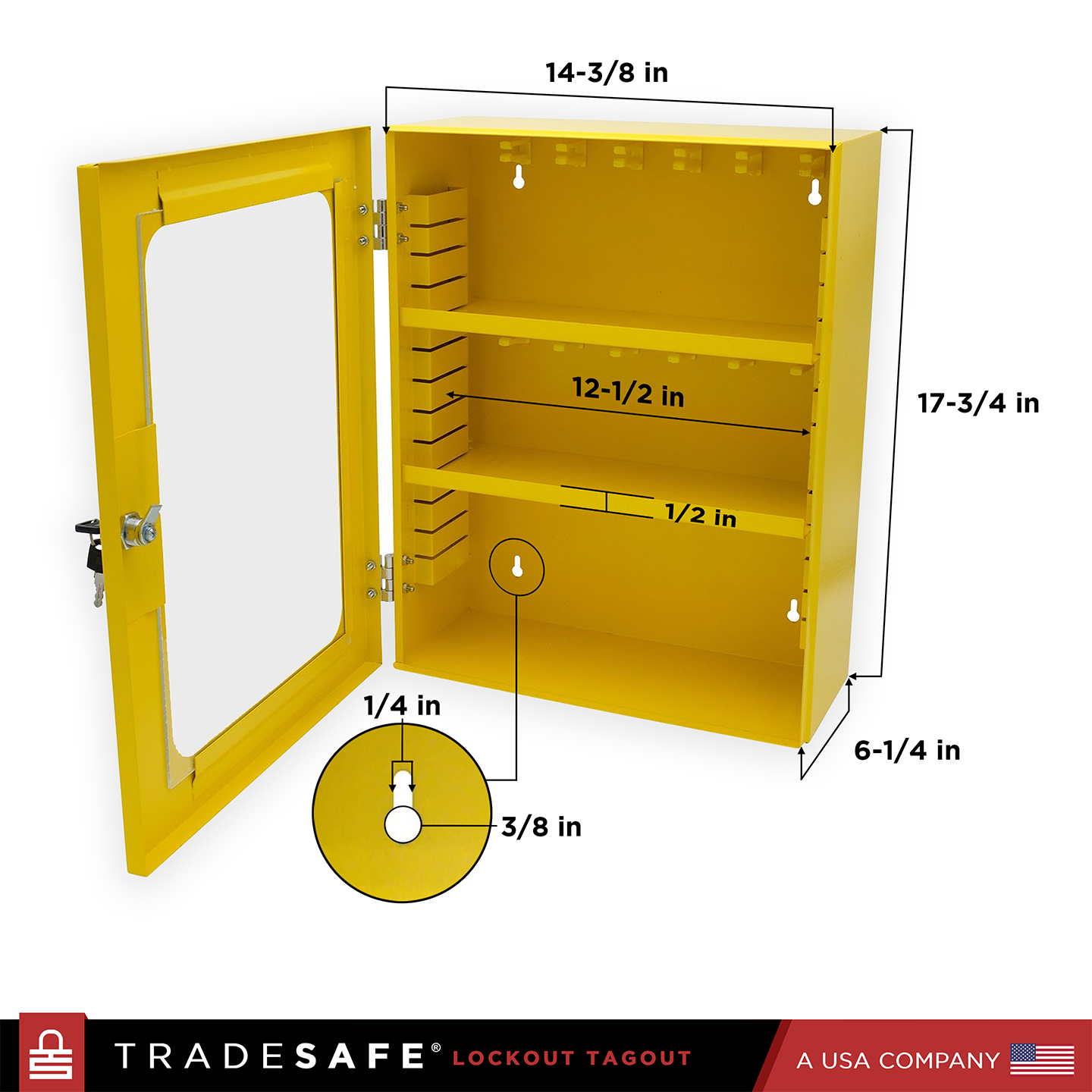 infographic dimensions of an opened yellow steel loto station cabinet