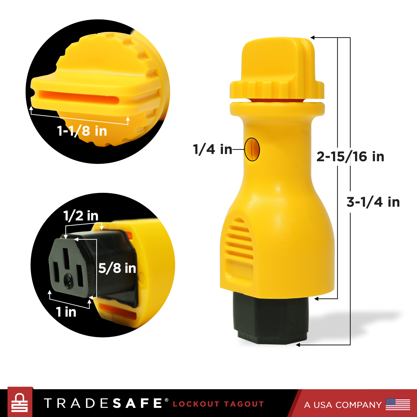 infographic: power plug lock dimensions - 1/4 in padlock hole, 3-1/4 in body length, 1-1/8 in width