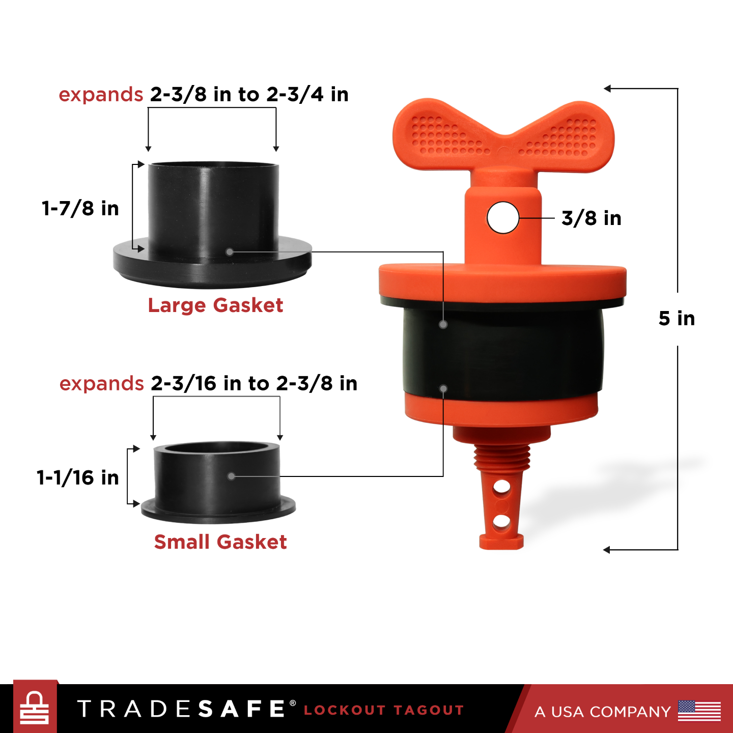 nylon drum lock dimensions: 3/8 in padlock hole, 2-3/8 in to 2-3/4 in large gasket, 2-3/16 in to 2-3/8 in small gasket
