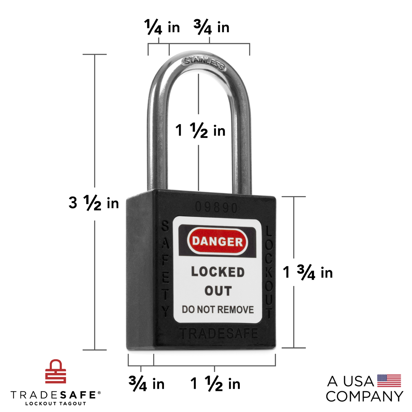 a black lockout tagout padlock with dimensions