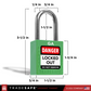 a green lockout tagout padlock with dimensions