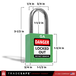 a green lockout tagout padlock with dimensions