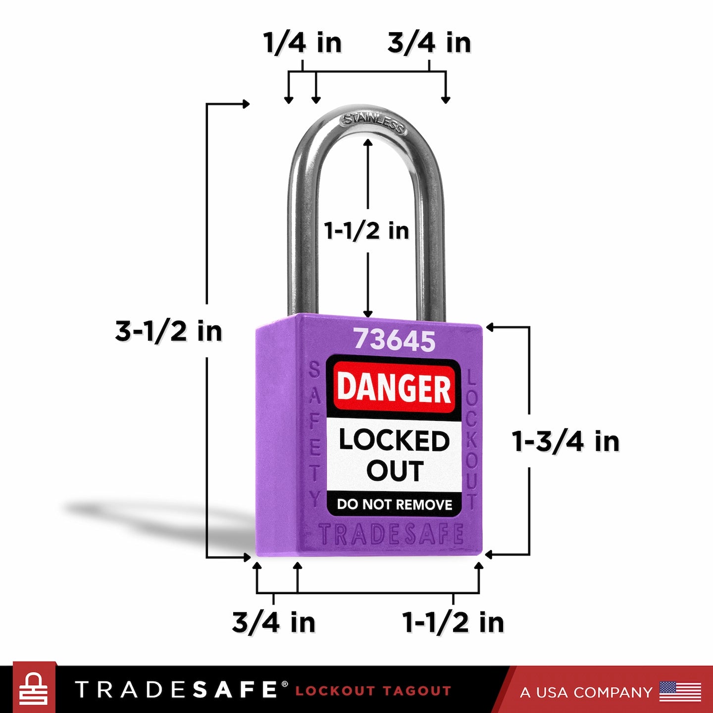 a purple lockout tagout padlock with dimensions