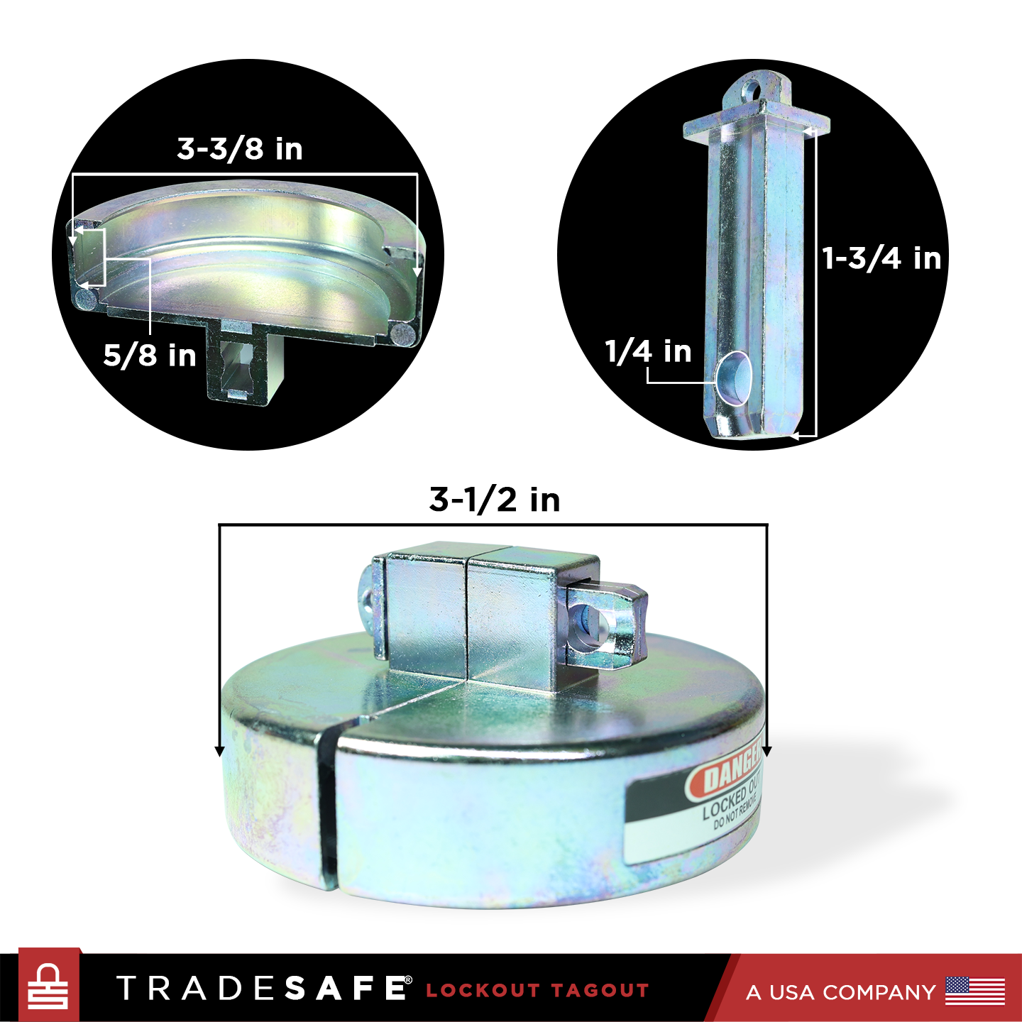 drum lockout dimensions: 3-1/2 in outer diameter, 3-3/8 in inner diameter, 5/8 in inner height, 1/4 in padlock hole