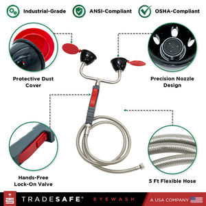 eyewash station with features, including protective dust cover, precision nozzle, flexible hose, lock-on valve