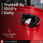 A close-up of a Tradesafe Lockout Tagout device mounted on a red metal container, with large white text reading 'Trusted By 1000's Daily.' and Tradesafe branding