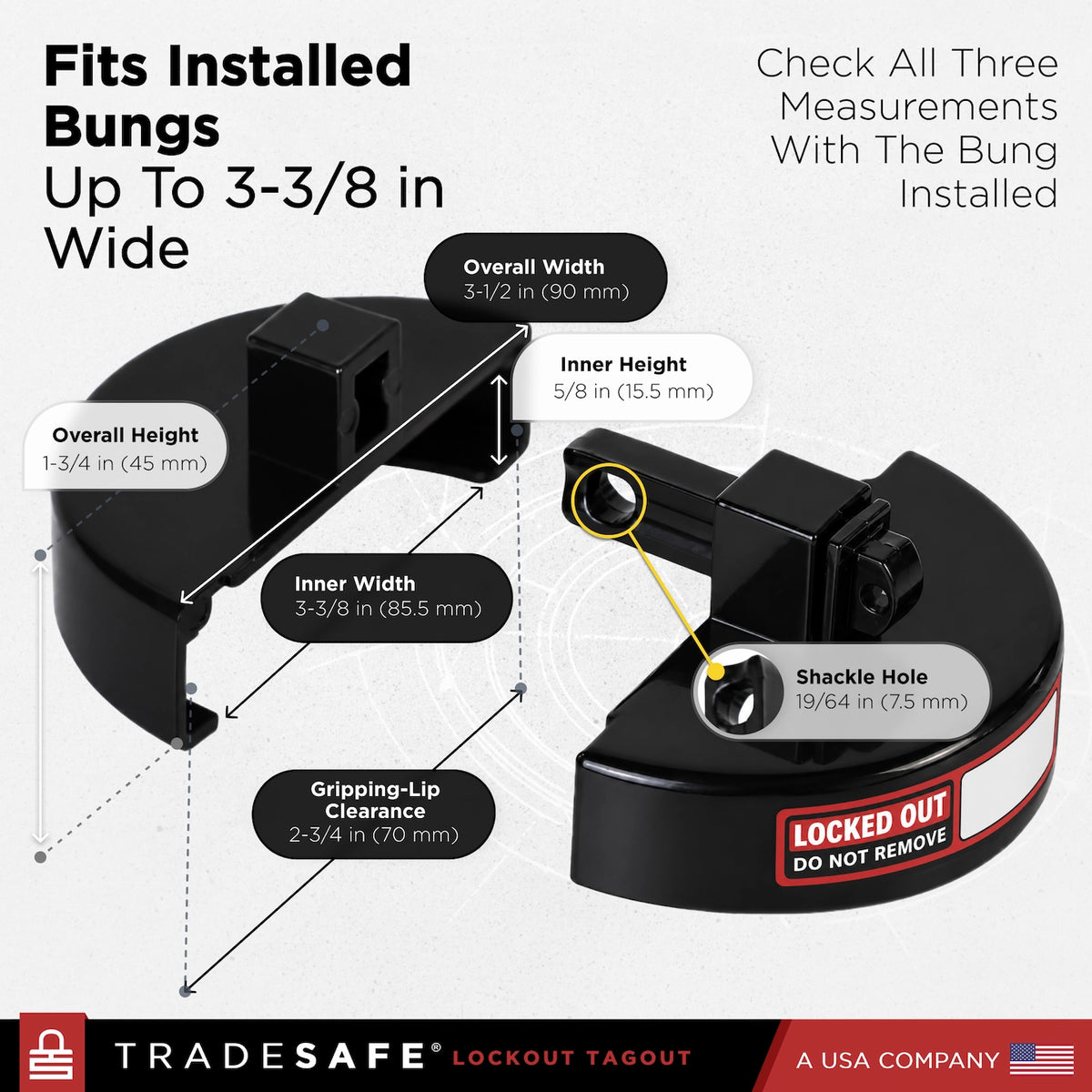 product measurement graphic of drum bung lockout tagout device