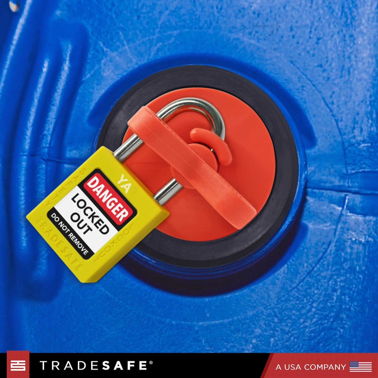 drum plug lock in-used and securely fastened with steel hasp and 2 loto padlocks