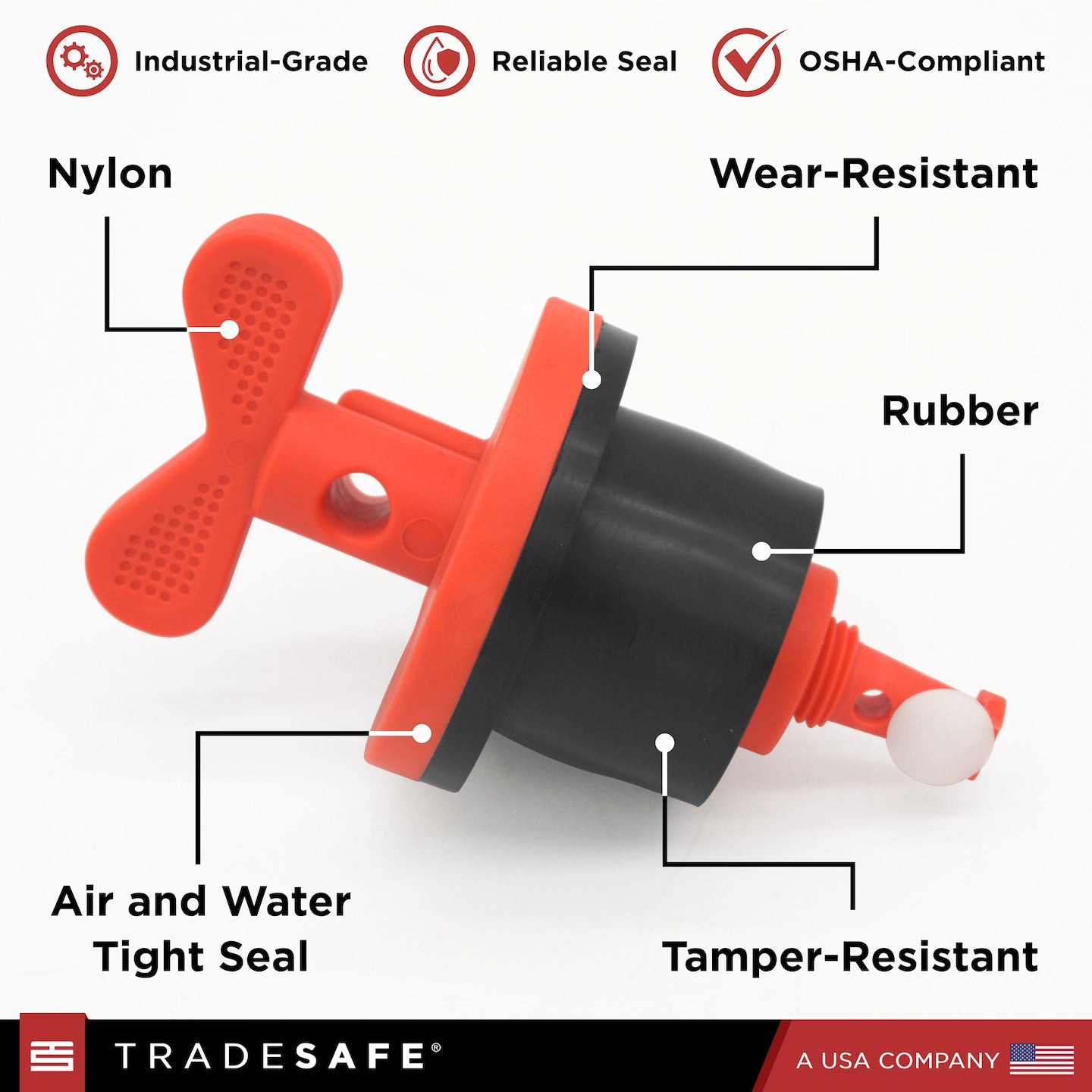 infographic: nylon drum plug lock -single-lock security, wear-resistant, air & watertight seal