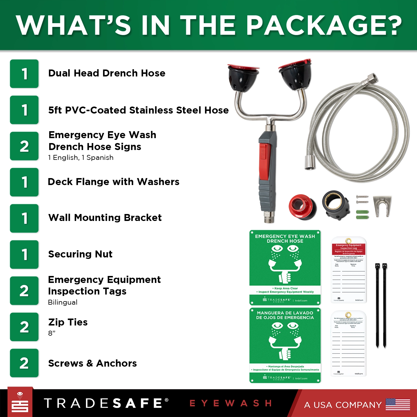 package contents list with dual head drench hose, PVC-coated stainless steel hose, and emergency eye wash components