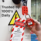 a loto tag in-use along with a loto lock and a steel hasp for a machine with electrical hazard