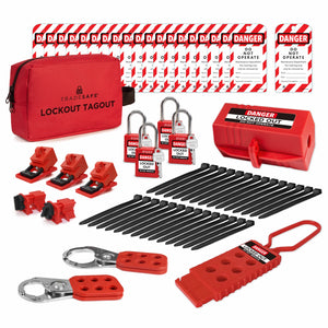 1 pouch, 30 zip ties, 3 hasps, 20 loto tags, 4 padlocks with 1 key each, 1 plug lockout, and 5 circuit breaker locks