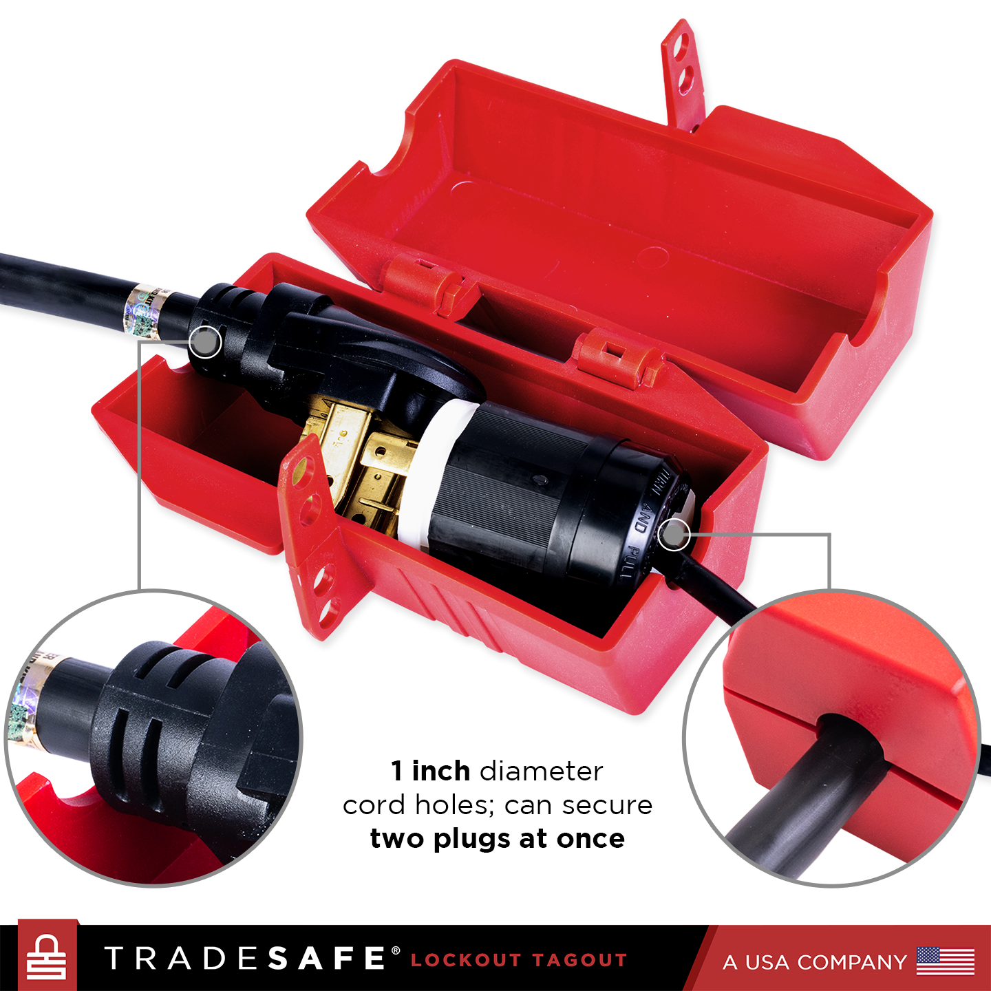 infographic: 1 inch diameter cord holes; can secure two plugs at once