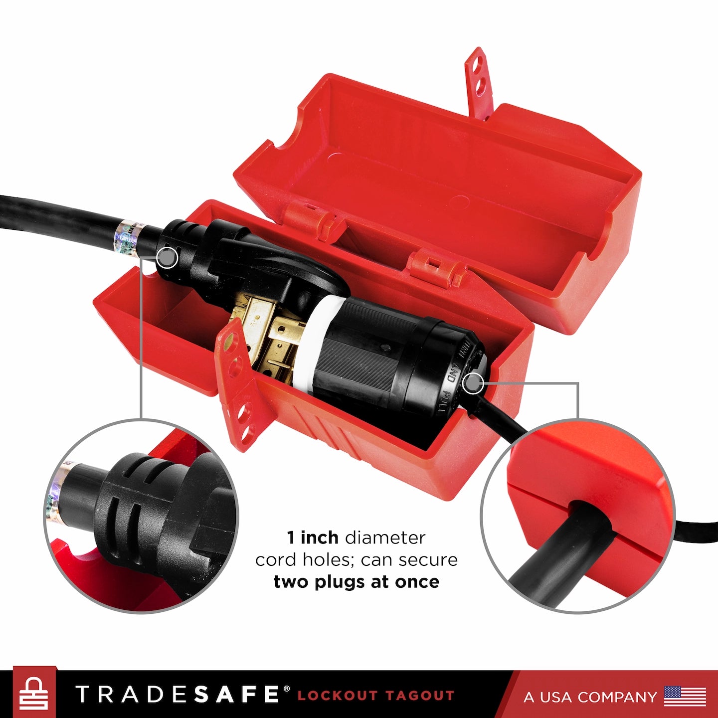 infographic: 1 inch diameter cord holes; can secure two plugs at once