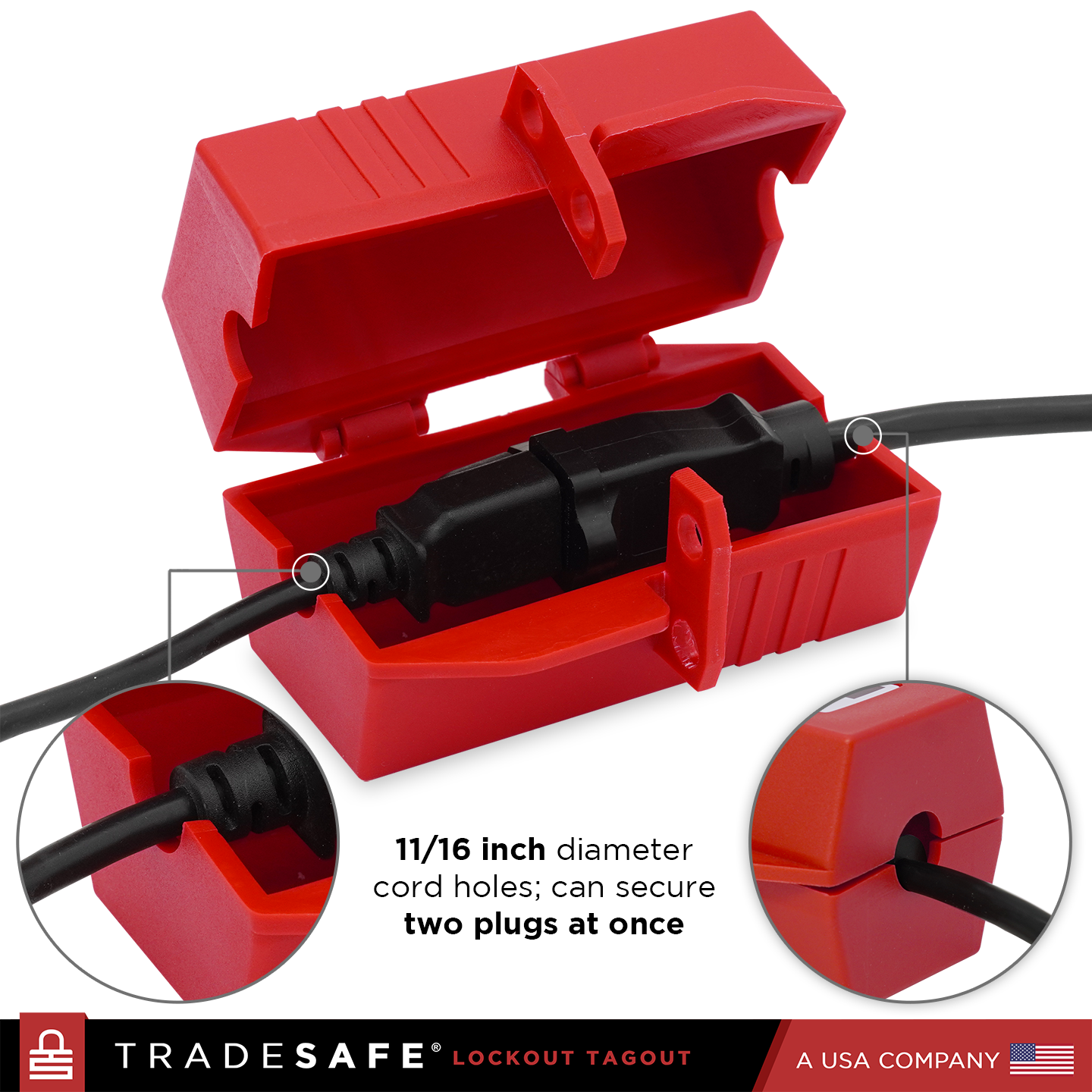 infographic: 11/16 inch diameter cord holes; can secure two plugs at once