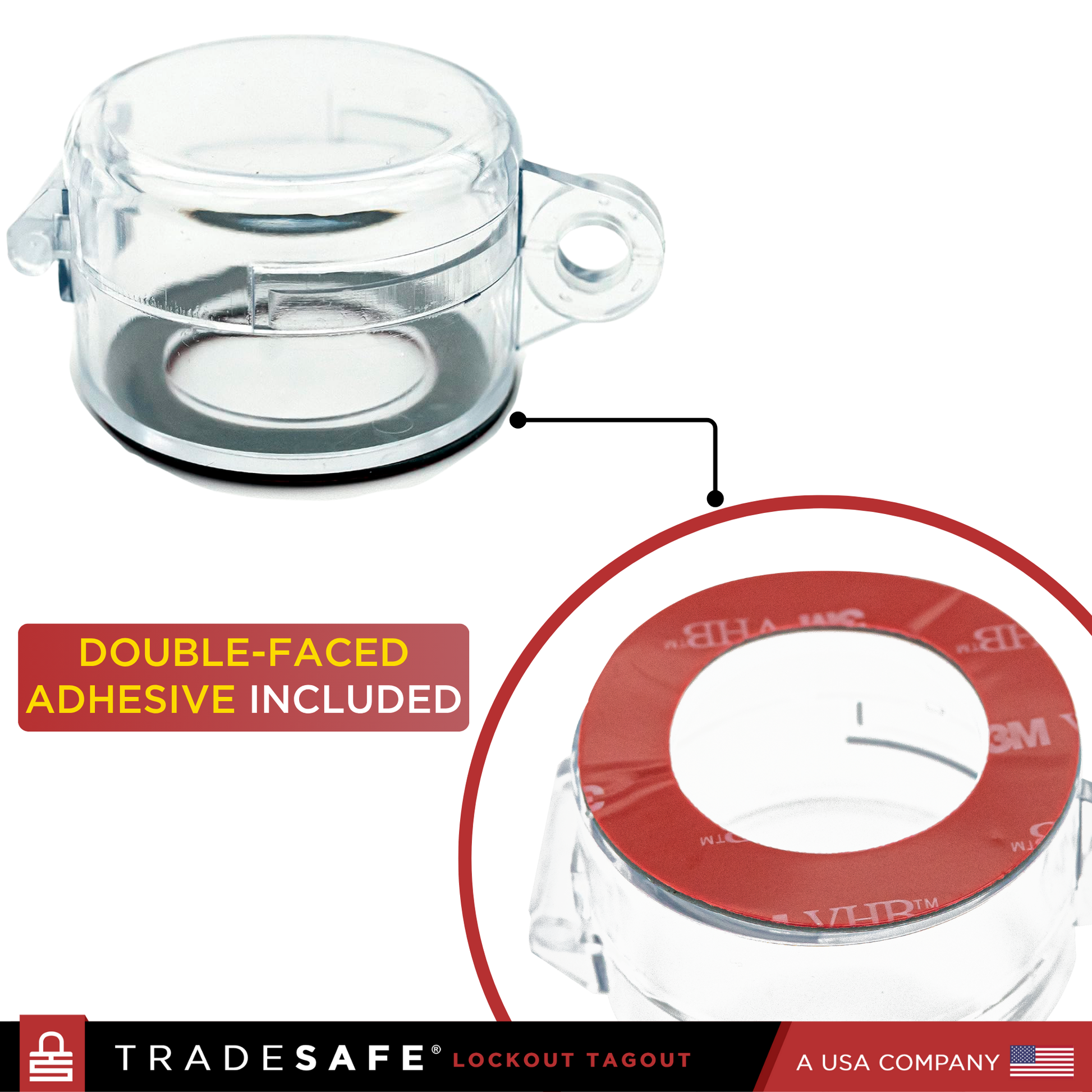 infographics of emergency button cover round with text; includes double-faced adhesive for easy installation