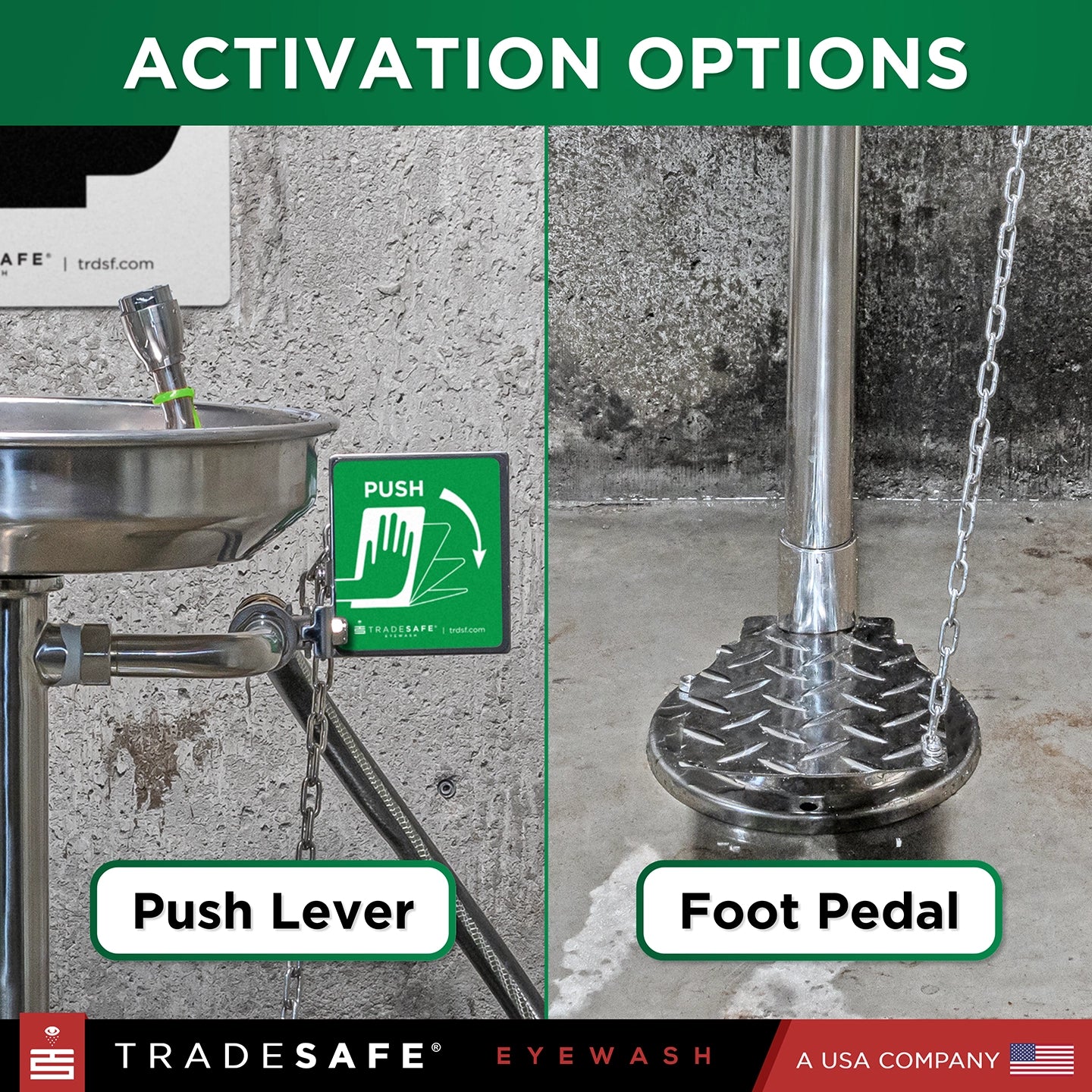 floor mouted eye wash station can be activated by a push lever and foot pedal