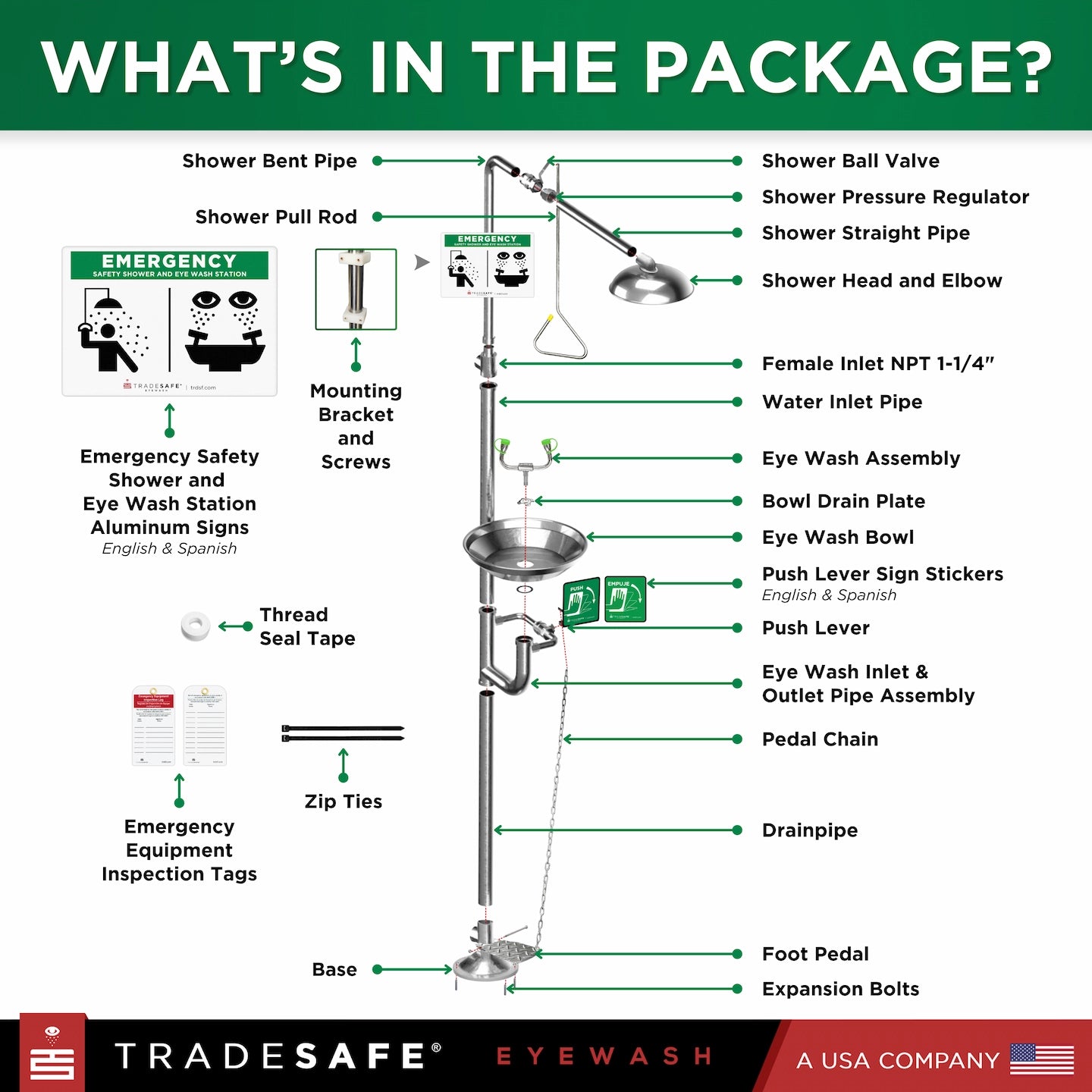 package inclusions of emergency shower and eyewash station