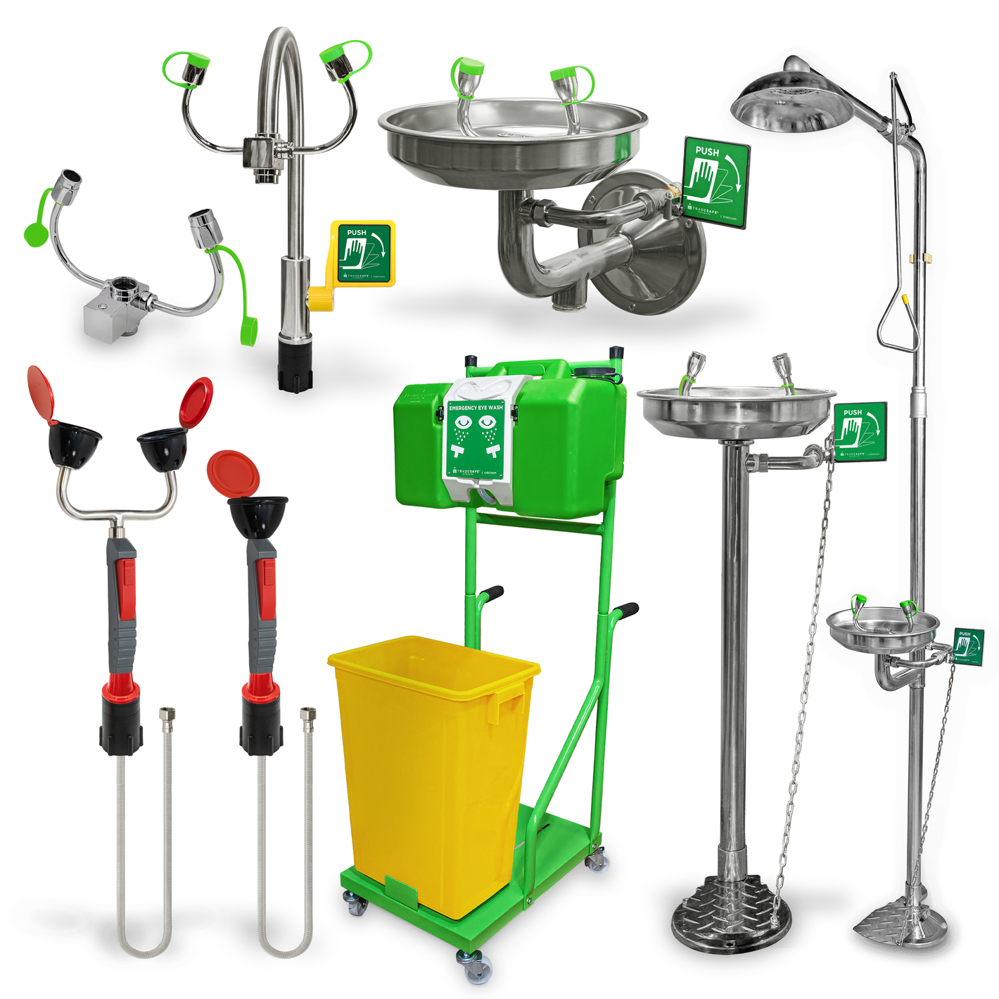 Collection of emergency eye wash stations, emergency shower, drench hoses, and personal faucet eye wash on a white background