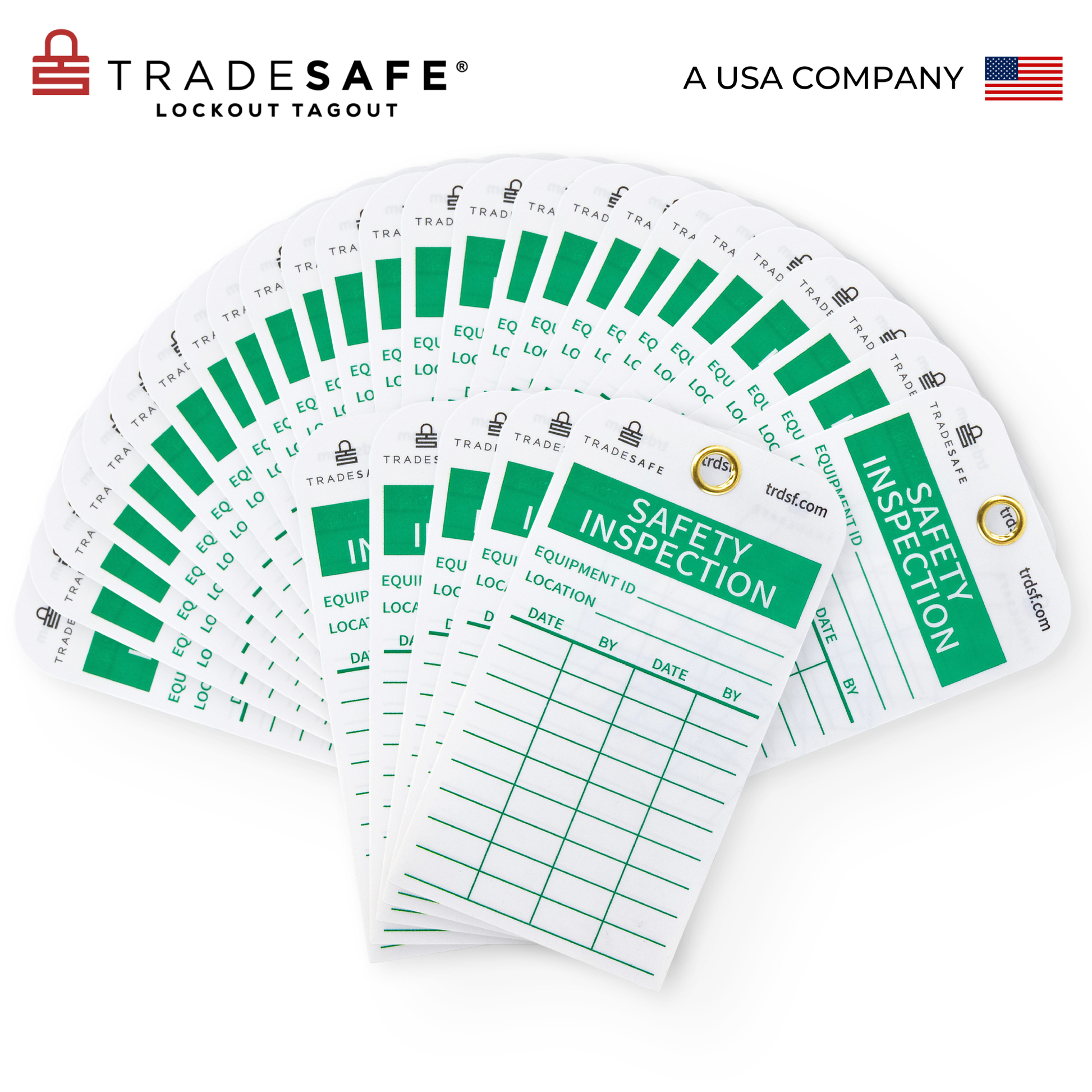 bird's-eye view of 30 green inspection tags stacked and spread out