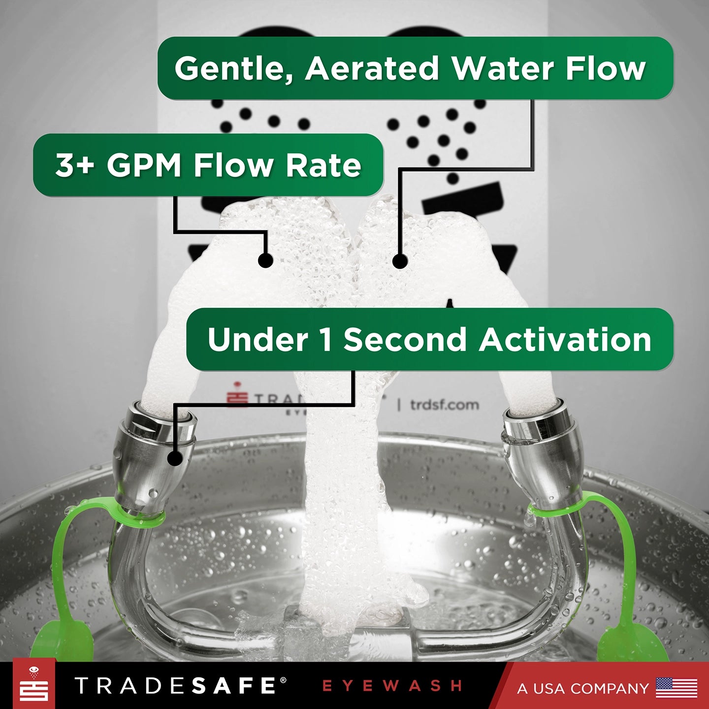eye wash floor mount performance feature includes gentle aerated water flow, 3+ gpm flow rate and under 1 second activation