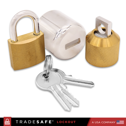 hose bibb lock components: brass inner fitting, chrome-plated cover, brass padlock, 2 keys