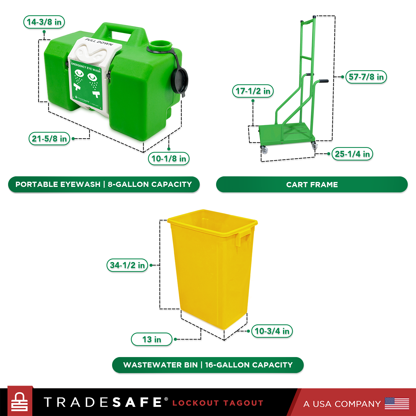 cart wastewater bin and portable eyewash  dimensions