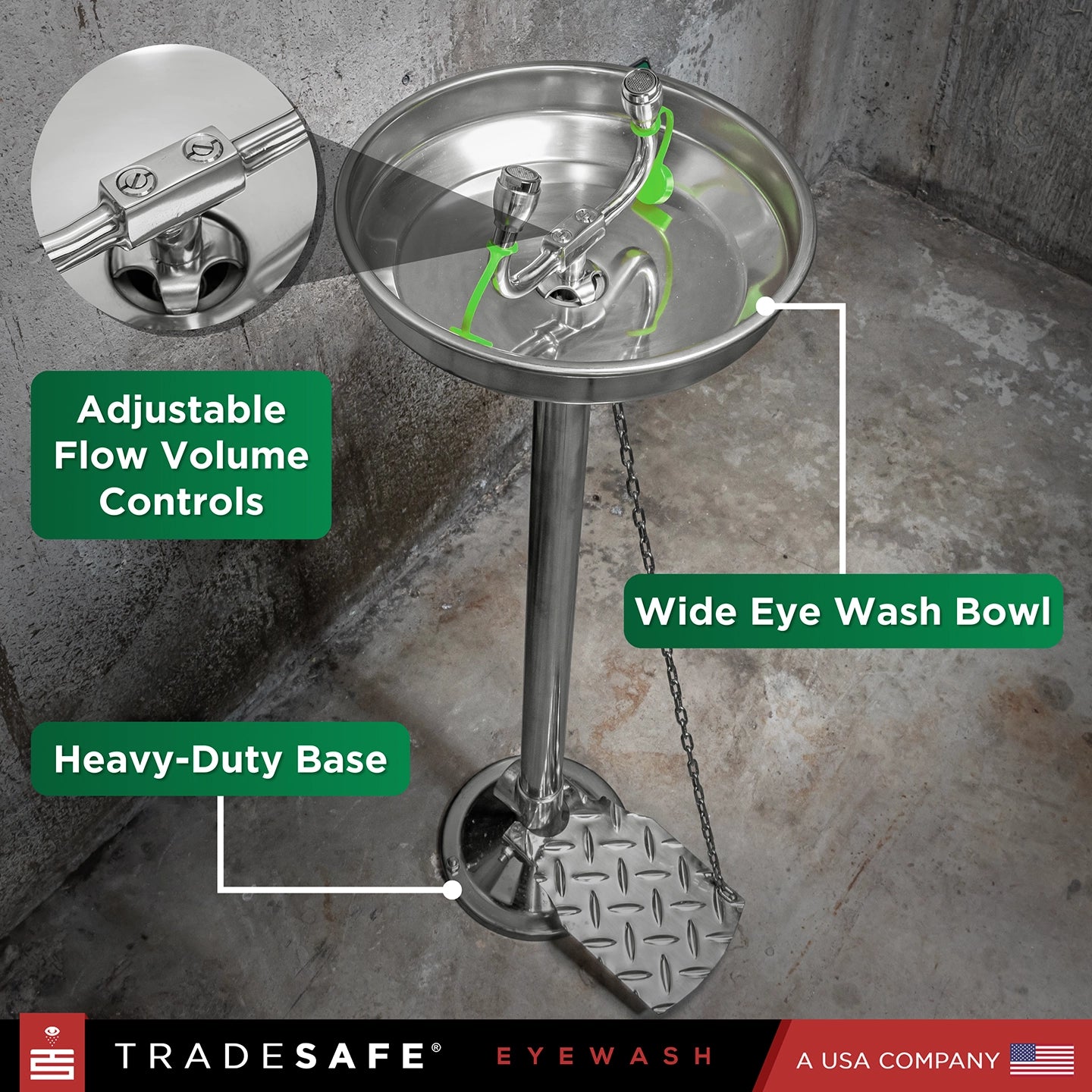 durability feature of pedestal mount eyewash station includes adjustable flow volume control, wide eye wash bowl and heavy duty base