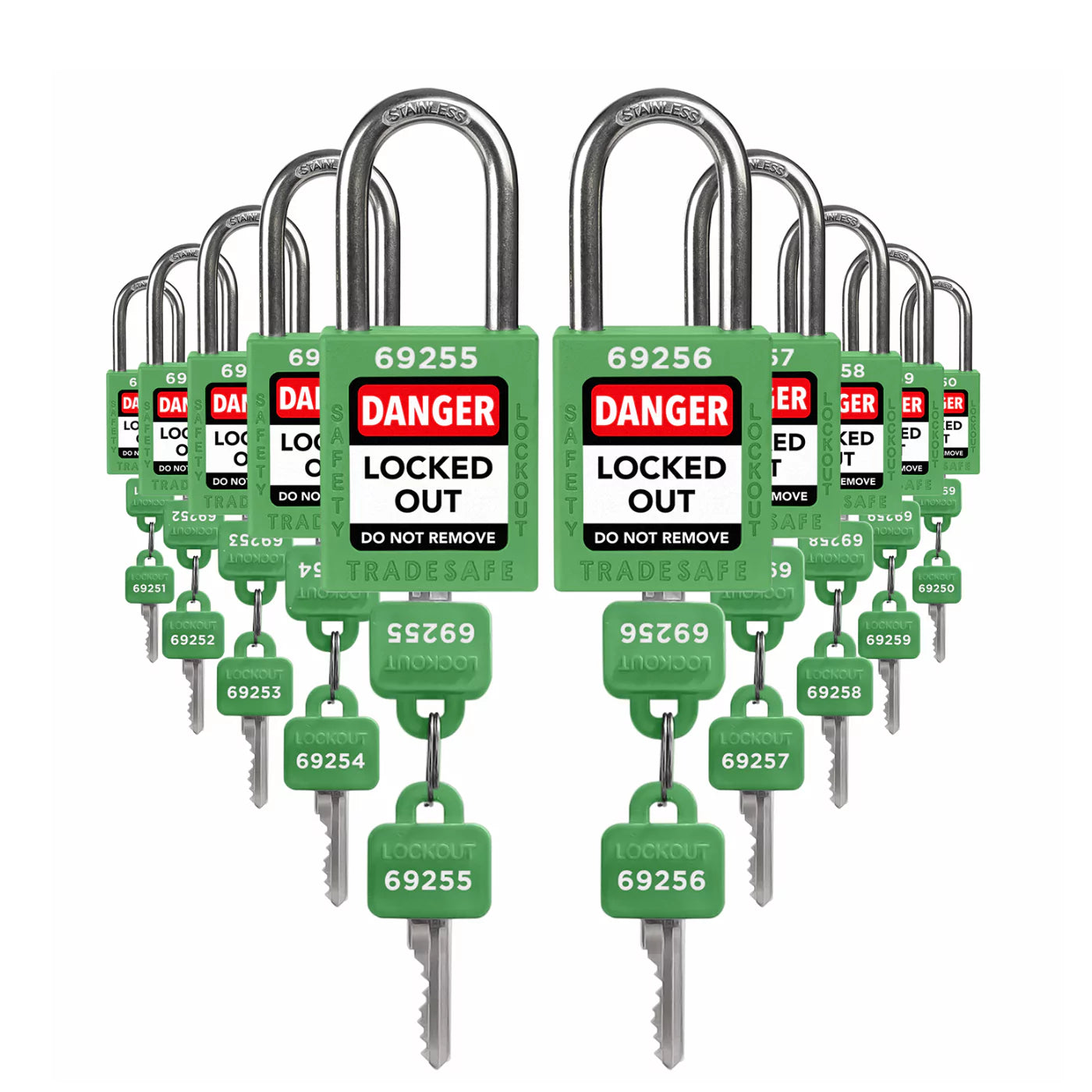 Green Keyed Different Lockout Locks - 2 Keys - 10 Pack | TRADESAFE