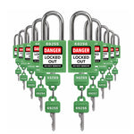 ten green loto padlocks: 2 keys each, unique five-digit code on keys and body